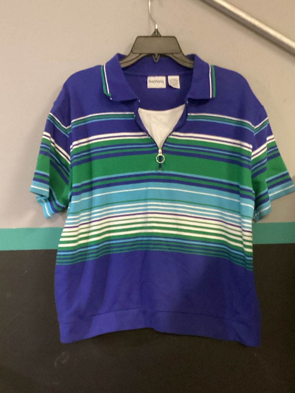 Bon Worth Blue and Green Striped Polo Zip Top